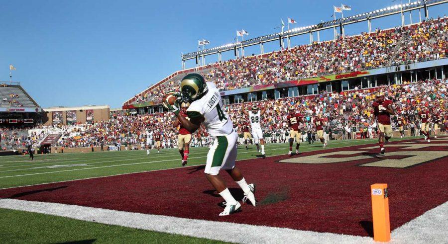 Colorado State wide receiver Charles Lovett (4) hauls in the game-winning touchdown in Saturday's 24-21 win over Boston College. (Photo Courtesy: Dan Byers/CSU Athletics)