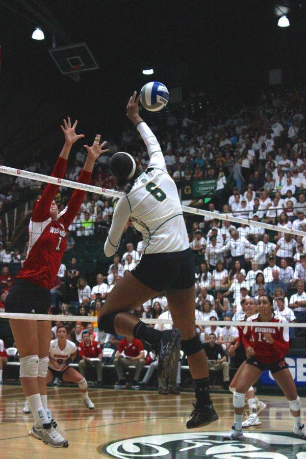 Jasmine Hanna goes up for a spike during Colorado States match against Wisconsin earlier this season.