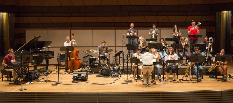 Jazz Ensemble I practices before their concert The Music of Miles Davis, which will be held on Wednesday in the University Center of the Arts. (Photo credit: Eliot Foust)