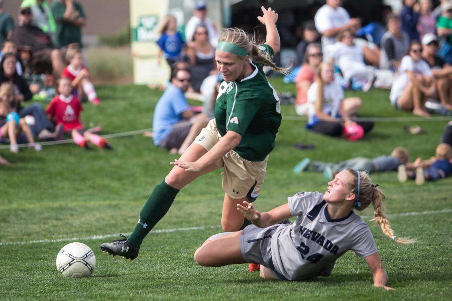 CSU's Jessica Stauffer fights for the ball against Nevada's Brianna Bosson on Sunday afternoon. The Rams defeated the Wolf Pack 1-0 and brings them to 1-1 in the Mountain West Conference.