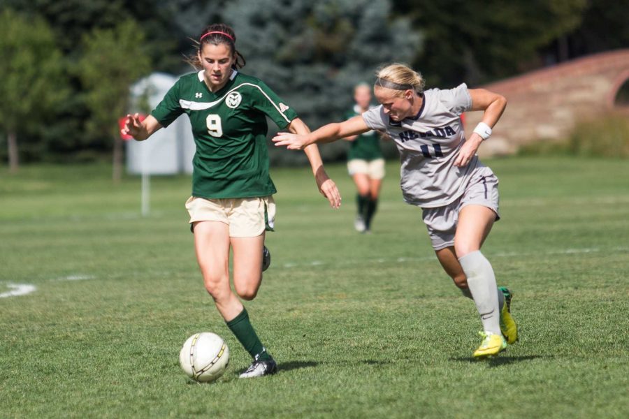 CSUs Gianna Bertana dribbles past University of Nevada defenders during last Sundays 1-0 win over the Wolfpack. 