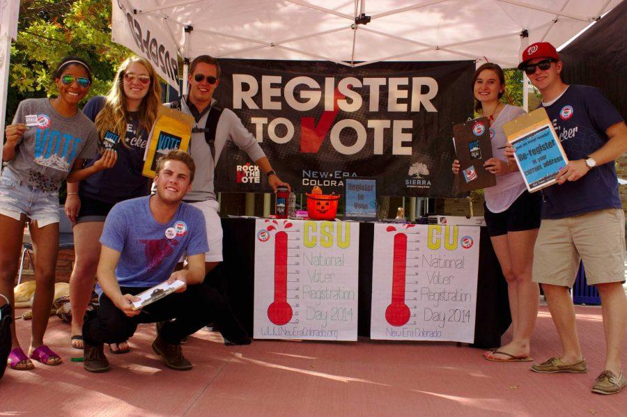 (left to right) Sophomore Morgan Royal, Senior Emma Marion, Freshman Charlie Stone, ASCSU Director of Governmental Affairs Jake Christensen, Sophomore Kelsey Bigham and New Era Colorado Northern Colorado Organizer Christopher Cottingham encourage CSU students to register to vote on the plaza outside of the Lory Student Center Tuesday.