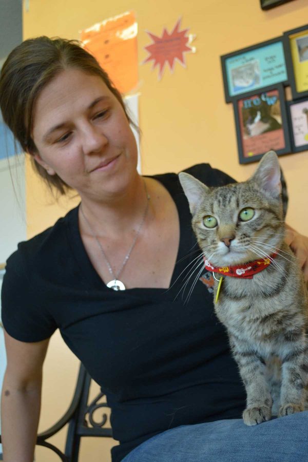 Sarah Swanty, co-founder and executive director of the Fort Collins Cat Rescue, cuddles with Nanna, a six-year-old cat at the rescue. Nanna, is one of about 1,700 cats that enters the shelter each year. (Photo Credit: Megan Fischer)