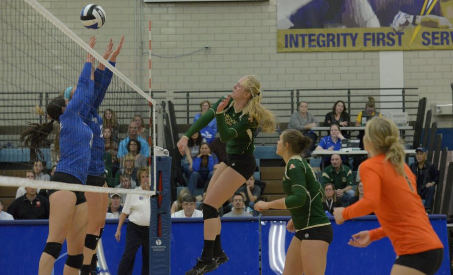 Colorado State middle blocker Kelsey Snider goes up for a spike during Fridays sweep of Air Force. (Photo Courtesy: CSU Athletics)