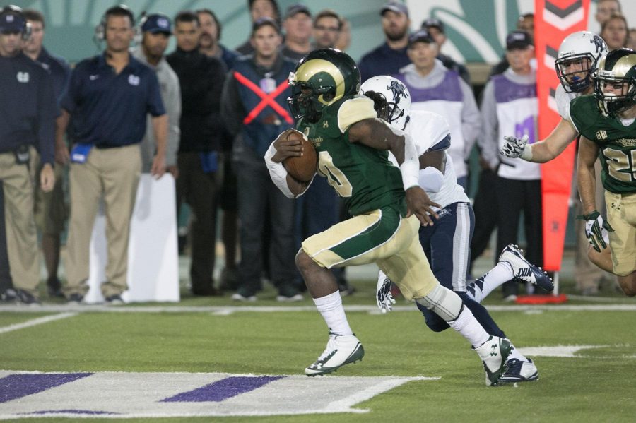 Colorado State running back Dee Hart bursts through the Utah State secondary during Saturdays 16-13 win over the Aggies at Hughes Stadium. 