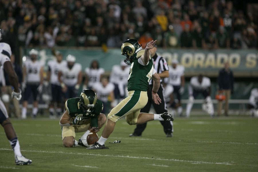 Colorado State kicker Jared Roberts kicks the game-winning field goal during Saturday's 16-13 victory over Utah State.