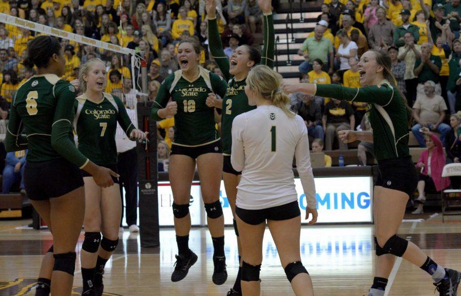 CSU volleyball players celebrate their sweep of rival Wyoming on Tuesday, September 7. (Photo Credit: CSU Athetics)