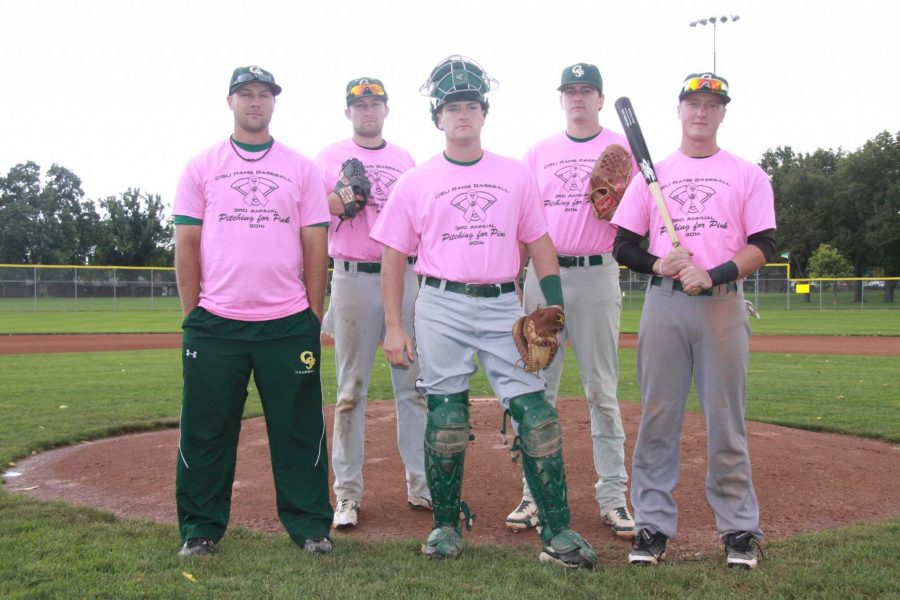 CSU baseball's Brian Dilley (coach), Mitch Nelson, Brett Bogner, Tate Hughes, and Zach Gehler sporting pink in preparation for their breast cancer fundraiser game against UNC. (Photo credit: Dakota Schuppe/CSU baseball club)