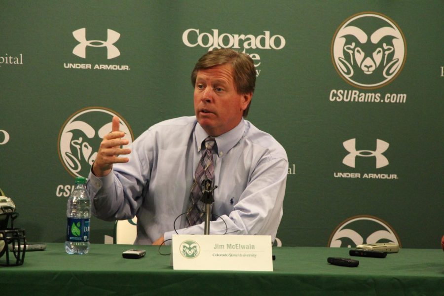 Colorado State head coach Jim McElwain talks with media during his weekly press conference on Monday. (Photo Credit: Keegan Pope)
