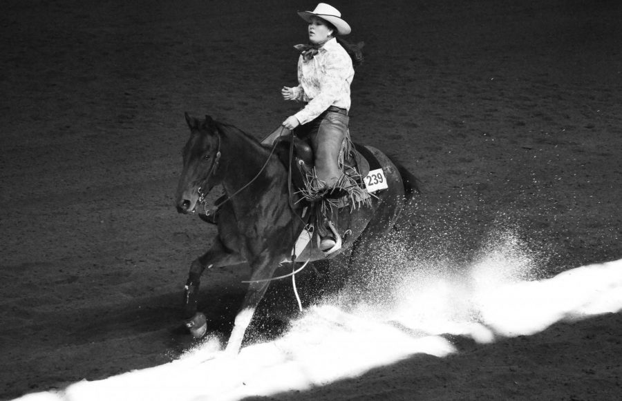 Kate Baldwin sliding to a stop in her reining pattern. Photo by Dixie Crowe.
