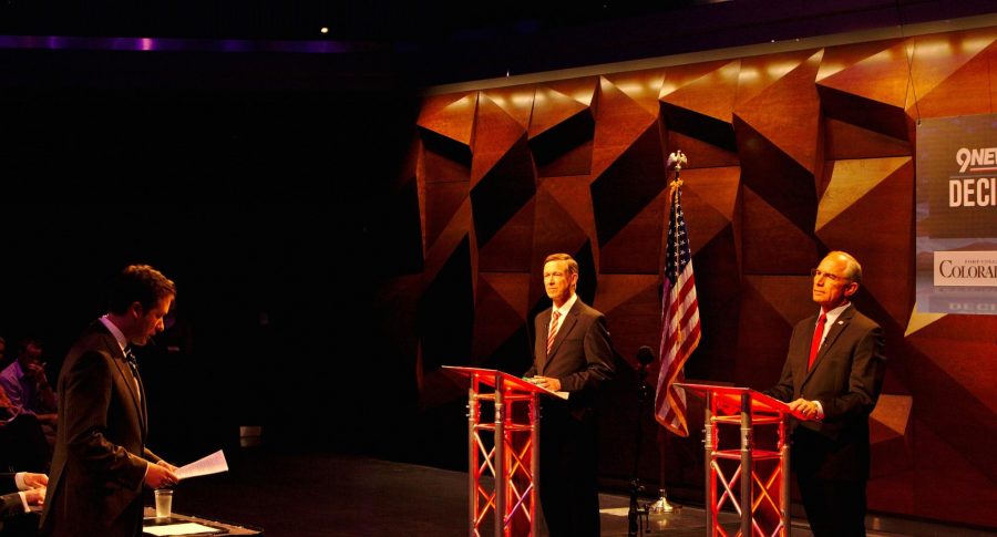 John Hickenlooper and Bob Beauprez at the Gubernatorial debate in the Lory Student Center at Colorado State University Wednesday. (photo cred: Jonathan Matheny)