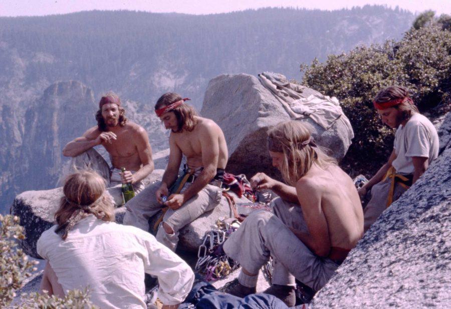 Dale Bard, Jim Bridwell, Fred East and Jay Fiske atop El Capitan’s Pacific Ocean Wall, 1975. Photograph by Warner Braun.