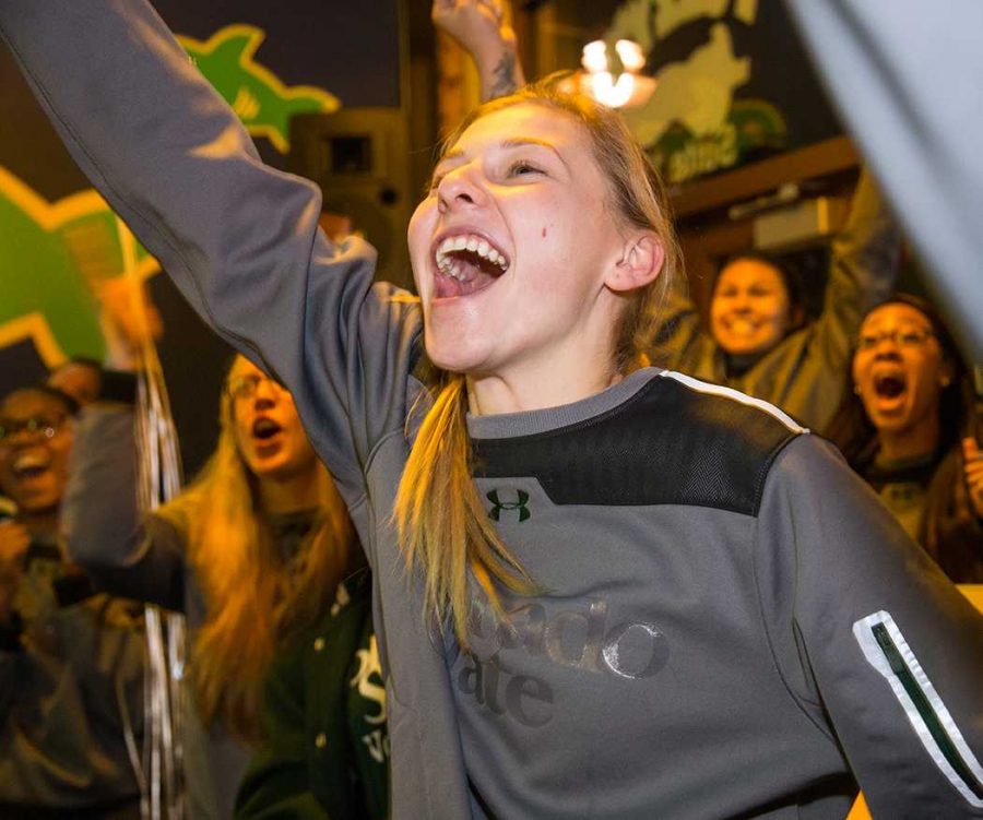 Freshman Alexandra Poletto, and the rest of the CSU women’s volleyball team celebrate their NCAA tournament selection seeding at Fuzzy’s Taco Shop on Sunday night. The Rams go into the tournament ranked as the 15th overall seed, and they will host University of Denver on Friday in Moby Arena. (Photo Credit: Eliott Foust)