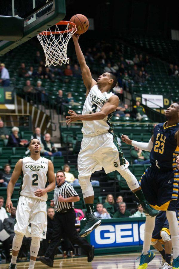 Colorado State guard Gian Clavell (3), drives to the basket during the Rams' 85-54 win over Fort Lewis Saturday night at Moby Arena. 