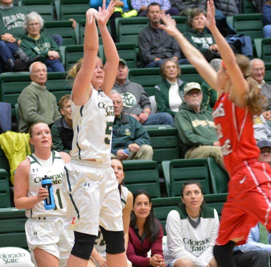 Colorado State guard Hanne Mestdagh connects on a three-pointer during CSU's 70-49 victory over Illinois State on Sunday. (Photo by Keegan Pope)