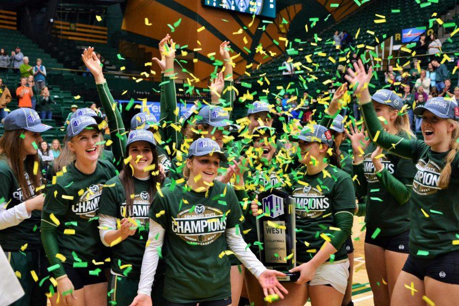 Colorado State players celebrate their sixth-consecutive Mountain West championship Wednesday night at Moby Arena.