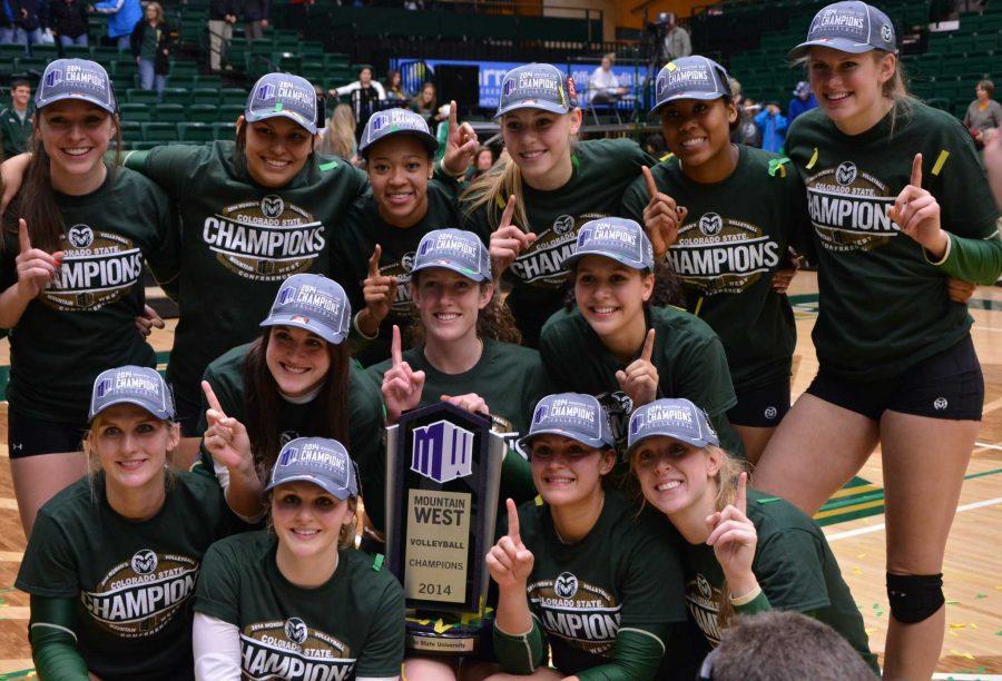 Colorado State players celebrate their sixth-consecutive Mountain West championship Wednesday night at Moby Arena. 