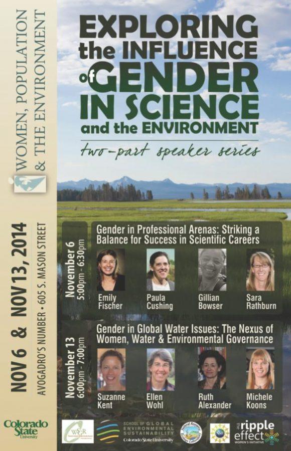 Gender in Global Water Issues: The Nexus of Women, Water and Environmental Governance is a speaker series which will take place on Thursday from 6:00 - 7:00 p.m. at Avogadro's Number. Exploring the Influence of Gender in Science and the Environment relates the experiences of female scientists at Colorado State University to global environmental issues. 