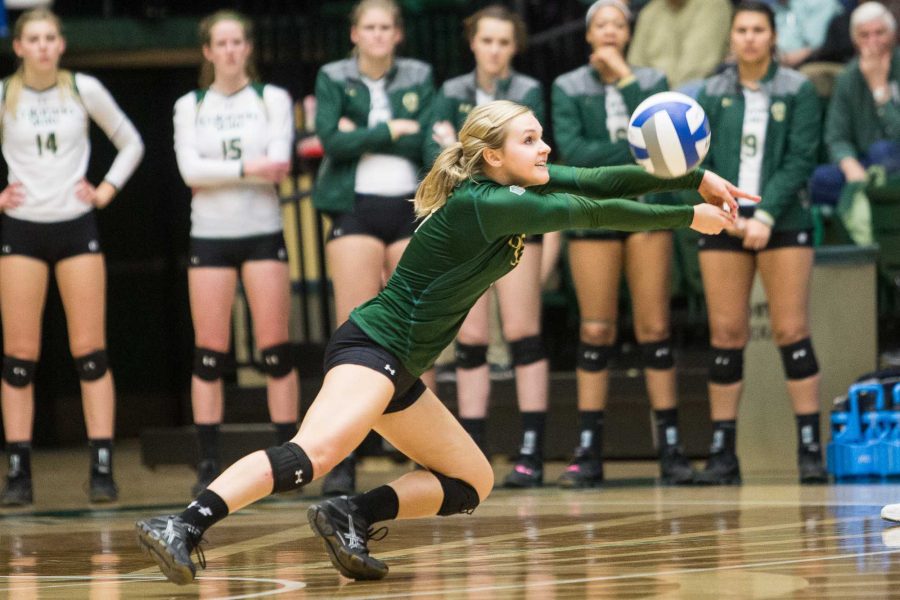Colorado State libero Jaime Colaizzi dives for a ball during Fridays game at Moby Arena. 