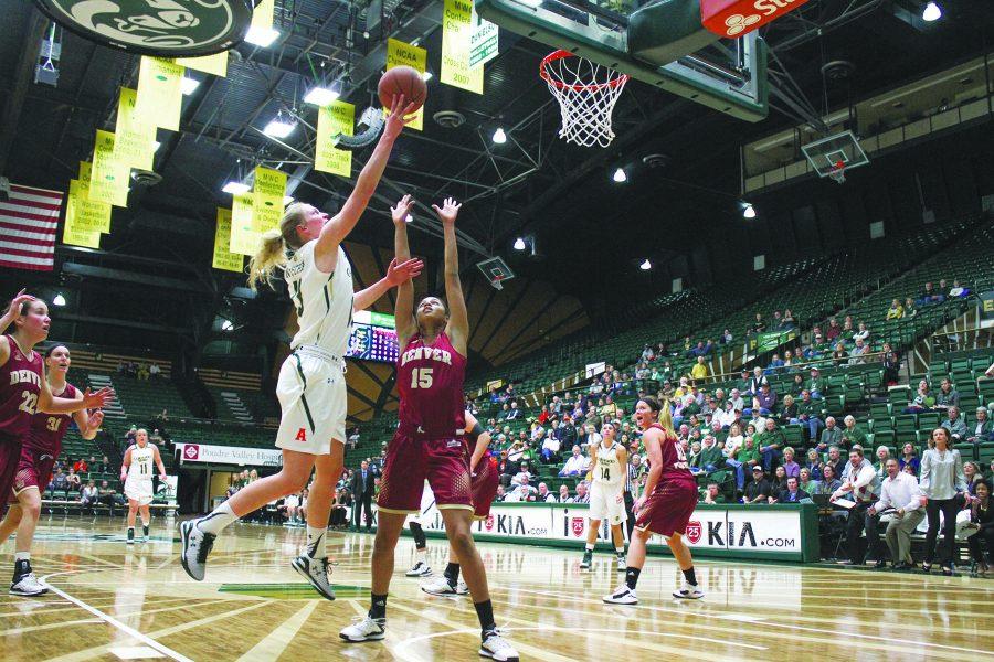 Colorado State guard Ellen Nystrom shoots a layup during the Rams' 81-61 win over Denver Thursday at Moby Arena. (Photo: Abbie Parr)