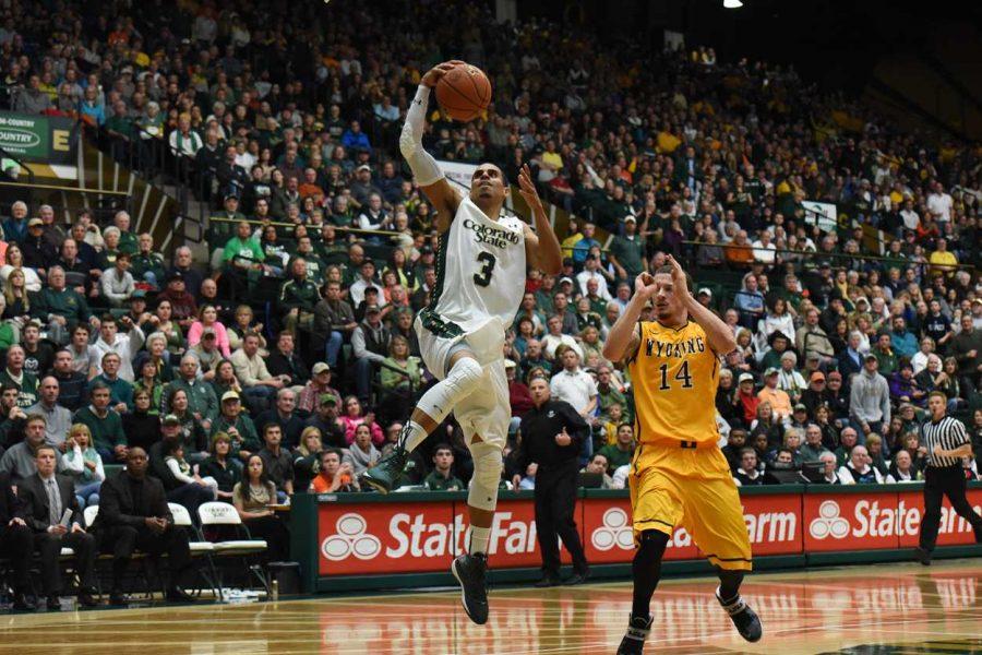 Colorado State guard Gian Clavell (3), goes up for a dunk against Wyoming. (Photo Courtesy of CSU Athletics).