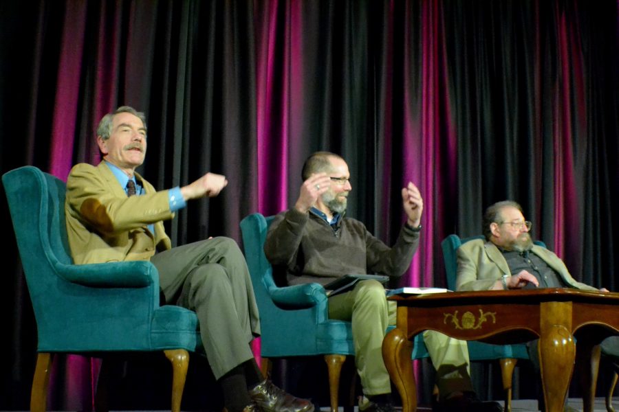 Christian MIT professor Ian Hutchinson and Atheist CSU professor Bernard Rollin engage with the audience during the debate.