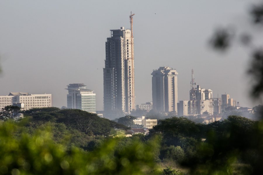 The skyline of Nairobi from inside Nairobi National Park. 