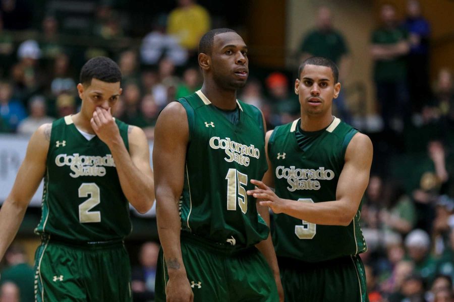 Tiel Daniels (middle/15) stands with Daniel Bejarano (left/2) and Gian Clavell (right/3) during a game against San Jose State. (Abbie Parr/Collegian)