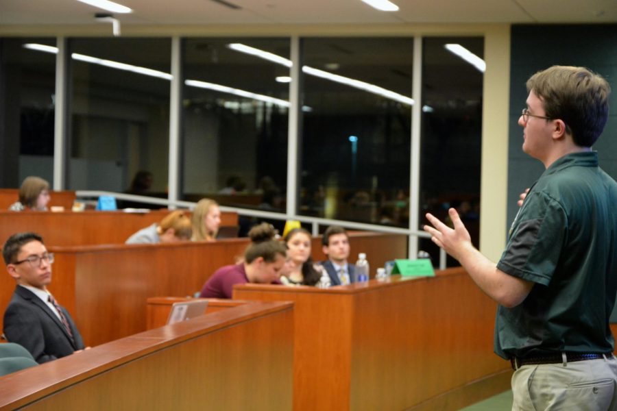 ASCSU Senator Samuel Laffey discusses a bill he authored during the Wednesday ASCSU meeting. The bill was unanimously passed, and is intended to encourage further discussion between ASCSU and CSU faculty. (Photo by Stephanie Mason)