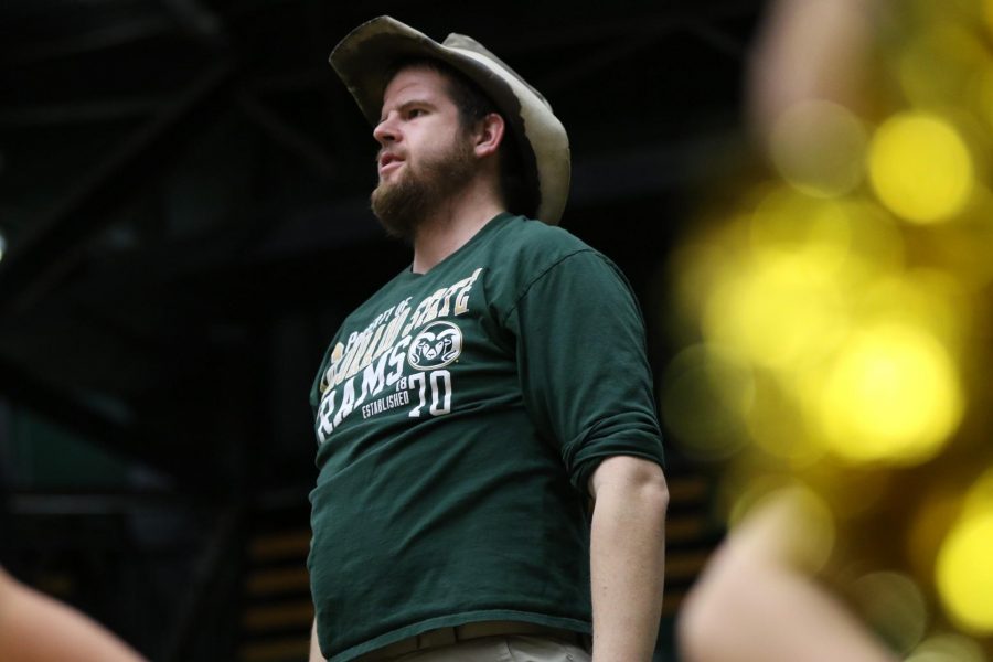 Senior sociology major, Daniel McCarthy, an Army veteran, watches intently as the Rams take the win over Fresno State on Wednesday, February 18. (Photo credit: Abbie Parr)