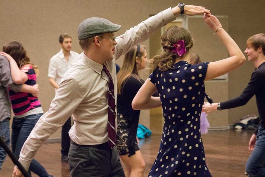 CSU alumni Gabrielle Daley and Eric Grunsky took the floor by storm at the Swing Dance Society's 20th anniversary dance in the Grand Ballroom of the LSC Wednesday night. (Photo credit: McKenzie Coyle)