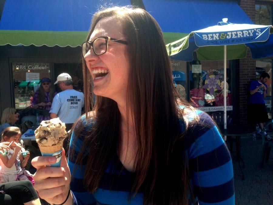 Lauren Migliaccio enjoys a cone of coffee ice cream from Ben & Jerrys in Old Town during free cone day. Free cone day dished out countless treats to Fort Collins locals and collected donations for the National Alliance on Mental Illness (NAMI) of Larimer county. (Photo credit: Madison Brandt)