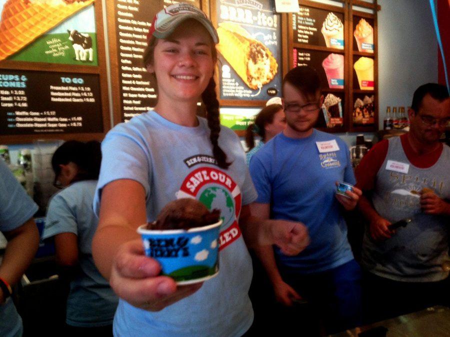 Lauren Migliaccio enjoys a cone of coffee ice cream from Ben & Jerrys in Old Town during free cone day. Free cone day dished out countless treats to Fort Collins locals and collected donations for the National Alliance on Mental Illness (NAMI) of Larimer county. (Photo credit: Madison Brandt)