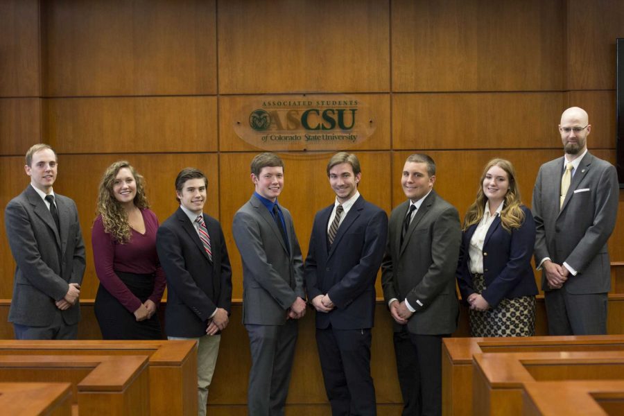 Associated Students of Colorado State University Supreme Court members, (left to right) court liaison Connor Ferguson, associate justice Allie Salz, associate justice Jake Moore, deputy chief justice Nick Dannemiller, chief justice Rioux Jordan, associate justice Jacob Stein, associate justice Celine Wolff, and sergeant at arms Duane Hansen.
