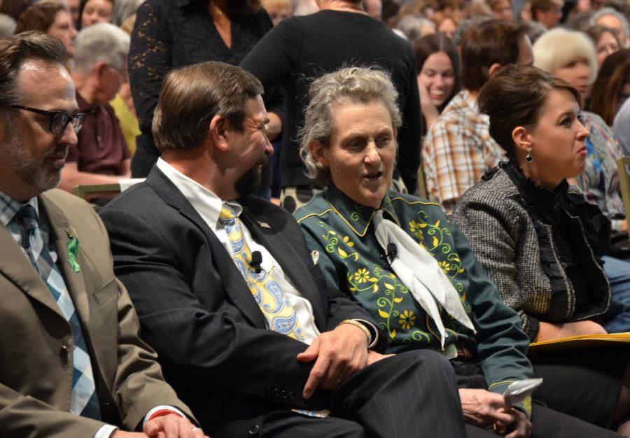 Tony Frank and Temple Grandin converse before Grandins speech begins on Monday evening in the Lory Student Center ballroom.