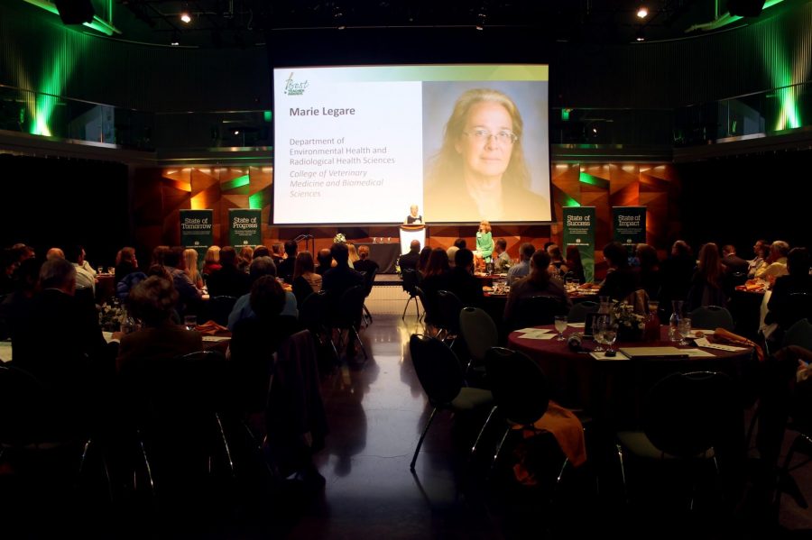 Marie Legare, a veterinary medicine and biomedical science professor, accepts the Best Teacher Award on Monday night. (Photo credit: Zara DeGroot)