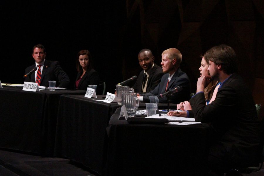 Candidates for the 2015  ASCSU presidential campaigns participated in a debate held at the Lory Student Center Theater Wednesday night. (Photo Credit: Christina Vessa)