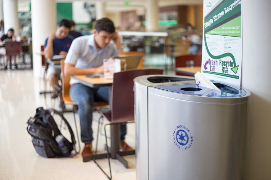 Recycling bins are located in virtually every building on campus and are one of the ways the CSU stays green. (Photo Credit: Ryan Arb).