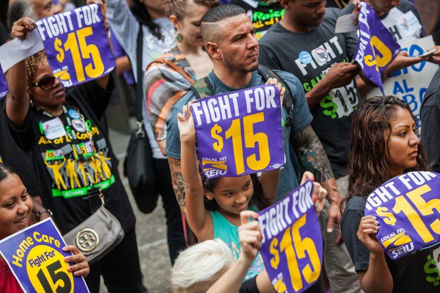 Labor groups rally for an increase in minimum wage in Los Angeles County, outside the county hall in Los Angeles on Tuesday, July 21, 2015. (Marcus Yam/Los Angeles Times/TNS)