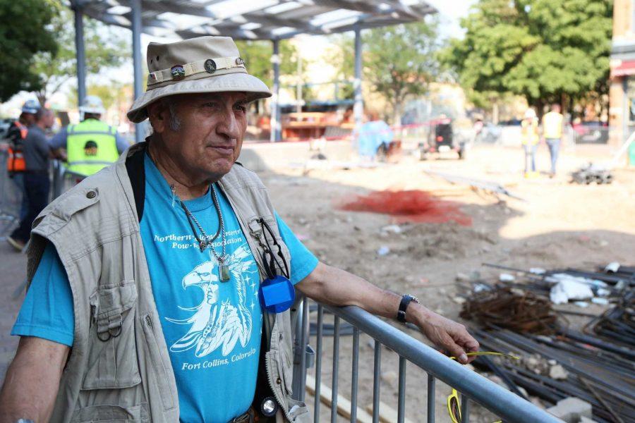 Native American veteran, David Valdez, looks on to the changes being made in Old Town Square after he has been living in Fort Collins since birth. (Photo Credit: Amanda Garcia).