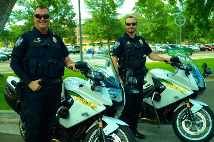The CSU Motorcycle Officers with their new modern bikes at the campus Police Department. 