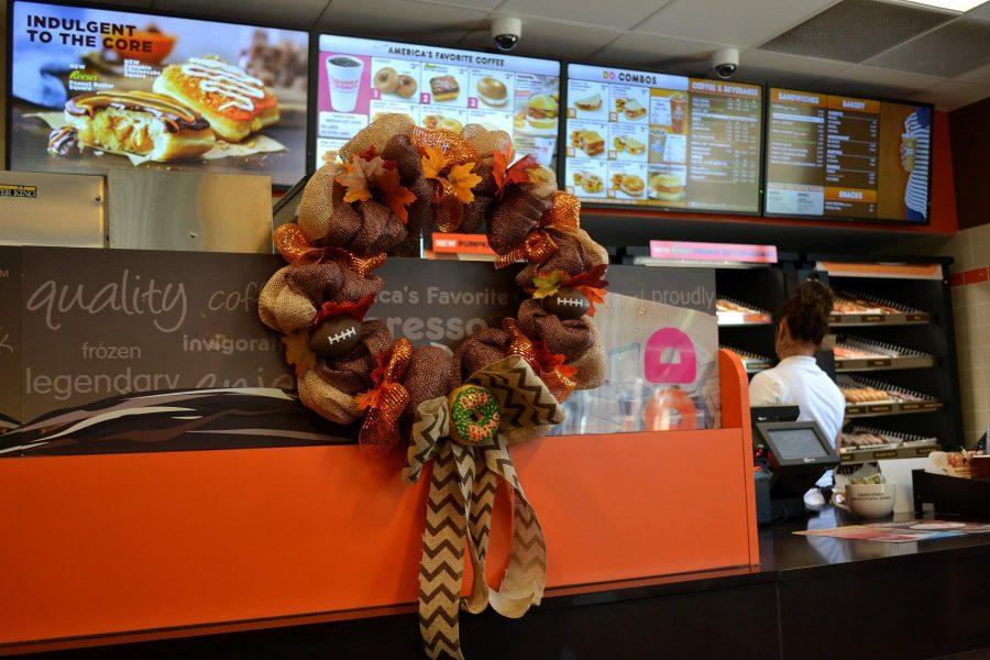 Dunkin Donuts on College street welcomes CSU Rams by proudly displaying their autumn, football inspired wreath in their restaurant.