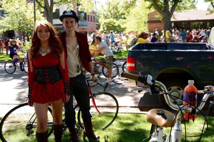 Front Range Community College students, Celina Ulrich and Adam Gunnell rode in the Tour de Fat Saturday. Old Town, Fort Collins was bustling with bikes and people in costumes enjoying the sunshine. (Photo Credit: Megan Fischer)