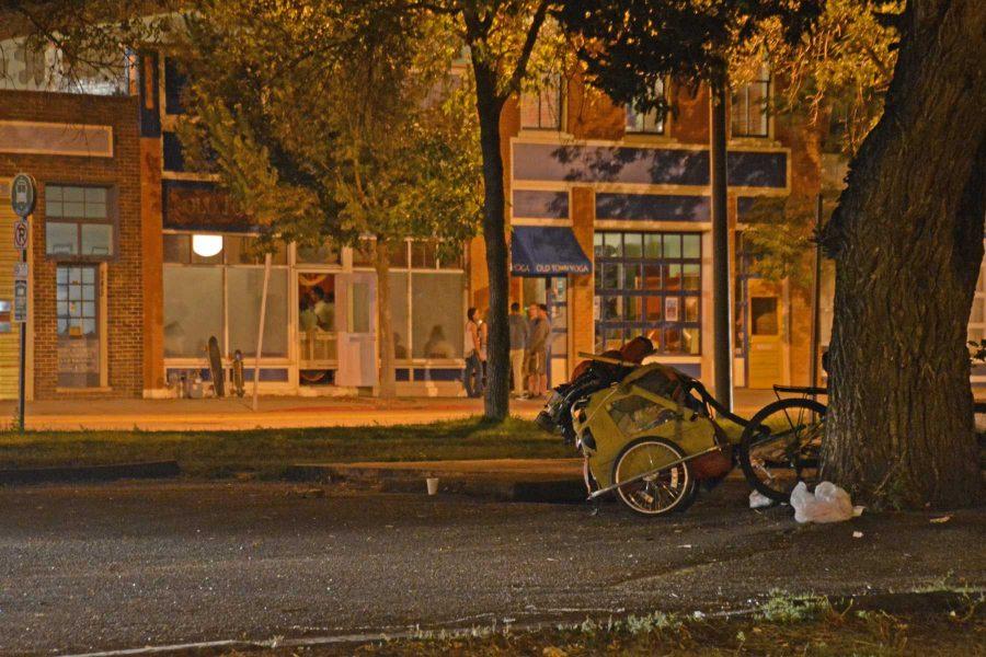 People camped out at Jefferson Street Park amid the bustle of Old Town Fort Collins Saturday night. During the day, the park is busy with "Occupy Jefferson" protestors, and some camp overnight also. (Photo By Megan Fischer)