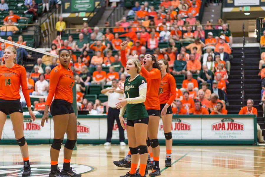 The CSU Womens Volleyball Team waits in anticipation for the ruling on the court at the CSU vs. WSU game. Photo Credit: Ryan Arb