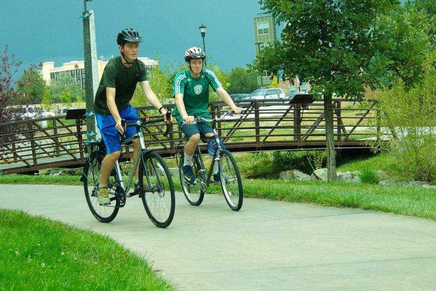 Alex Claiborn and Ethan Ganster, both 14, biking at Spring Park on the relaxed Labor Day holiday on Monday 7th.