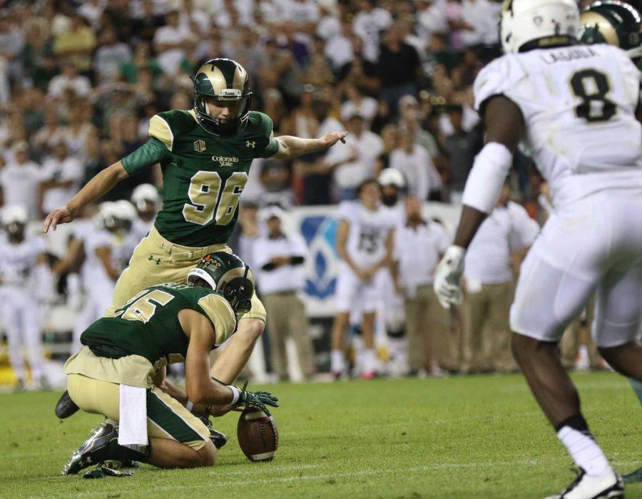 Colorado State kicker Wyatt Bryan attempts a field goal during Colorado State's 27-24 loss to Colorado. (Abbie Parr/Collegian)