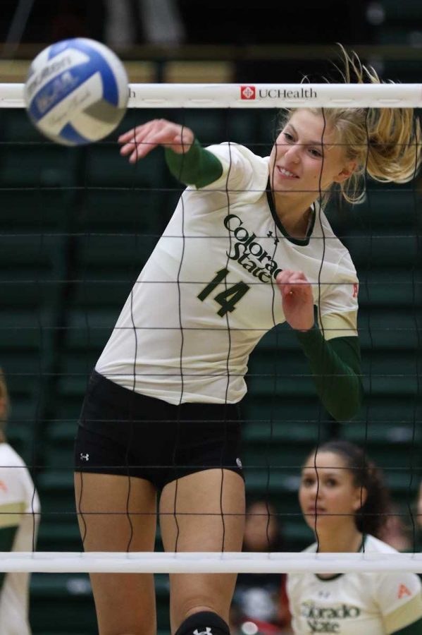 Alexandra Poletto finishes one of her four kills during CSUs sweep of UNC Tuesday. (Abbie Parr/Collegian)