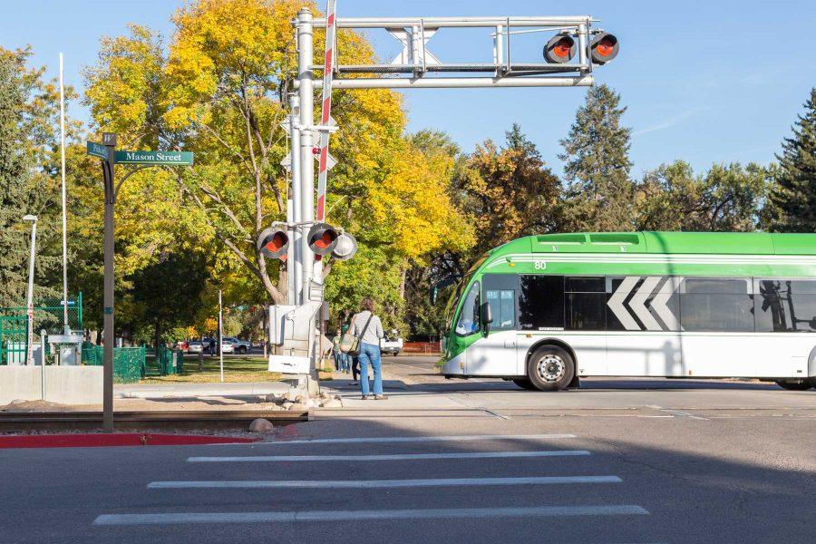 Although there are no traffic lights on Pitkin and Mason Street, drivers are still required to stop for MAX busses, as they are considered an active railroad by law. Photo By Ryan Arb