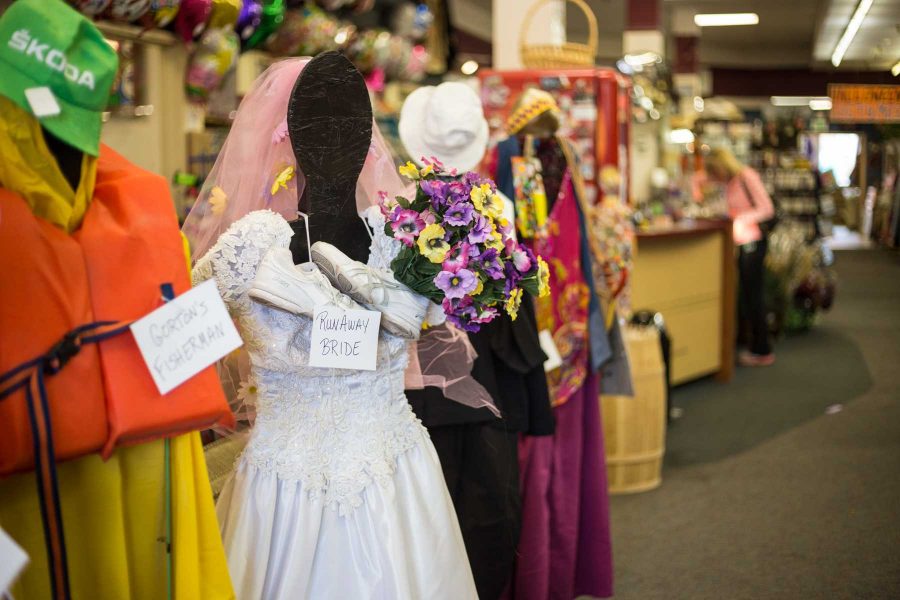 Haloween costume ideas are set up for customers at the Brand Spanking Used Thrift Store. (Photo credit: Ryan Arb.)